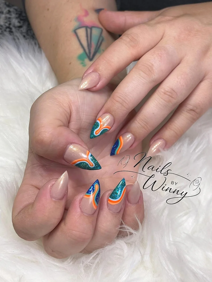 Teal orange swirl stiletto nails Maiden Nails Webster NY
