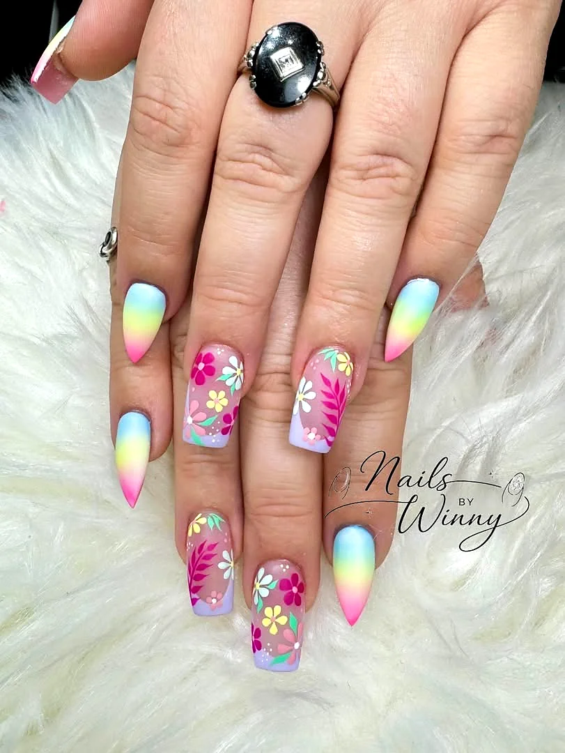 Rainbow floral coffin nails at Maiden Nails Webster NY