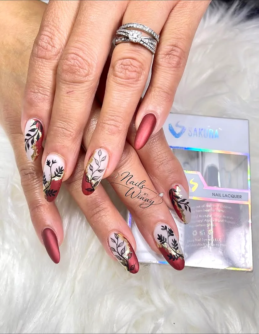 Burgundy botanical leaf stiletto nails Webster NY