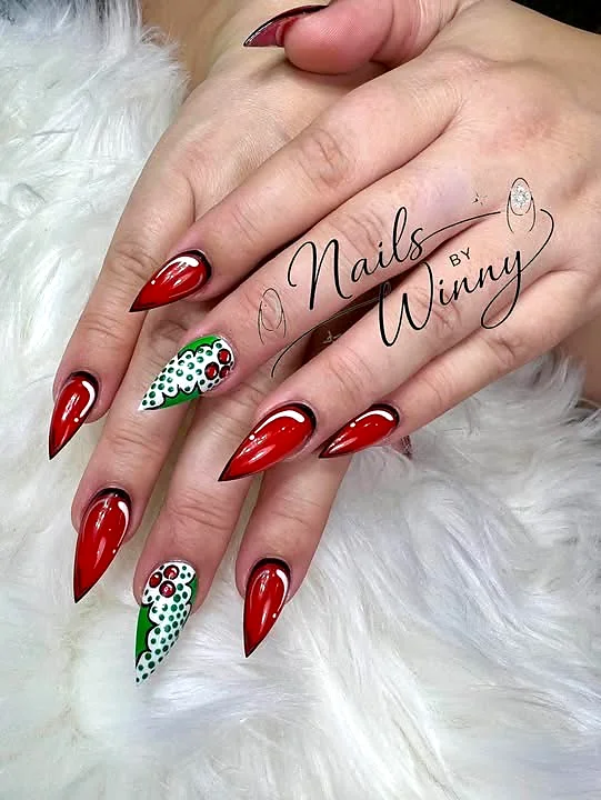 Christmas holiday red holly stiletto nails Webster NY