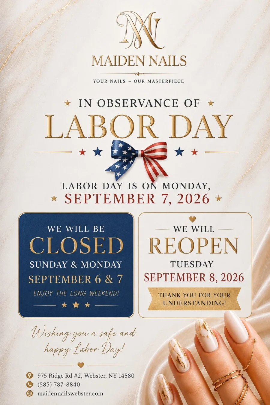 Maiden Nails Labor Day notice — closed Sunday September 6 and Monday September 7, reopening Tuesday September 8, 2026